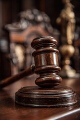 Close-up of a wooden gavel on a dark wooden surface,  with ornate objects in the background