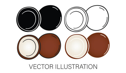 A Collection of Coconuts - Half-Cut and Whole Pieces, Flat, Line Art, and Black Icon