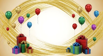 Festive Celebration Backdrop with Balloons Presents and Golden Brushstrokes Frame for Holiday Joyful Occasions
