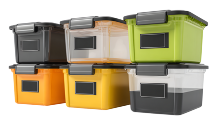 Vibrant stack of clear storage containers in assorted colors, perfect for organization solutions isolated on white background