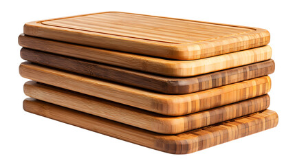 Stack of natural bamboo cutting boards ready for culinary prep and kitchen organization isolated on white background