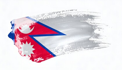 Artistic brushstroke of Nepal's unique triangular flag featuring the moon and sun symbols on a white background.