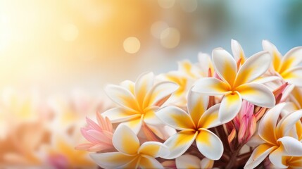 Fototapeta premium plumeria flowers, tropical floral arrangement, vibrant colors, soft focus background, natural lighting, dreamy atmosphere, elegant composition 
