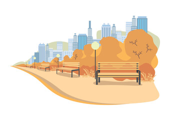 Autumn city park with benches, paths, yellowed trees against the backdrop of skyscrapers. Vector illustration of beautiful winter nature.