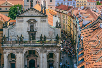Prague from above — rooftops, spires, and streets of the old town preserving centuries of architectural heritage.Prague,Czech Republic