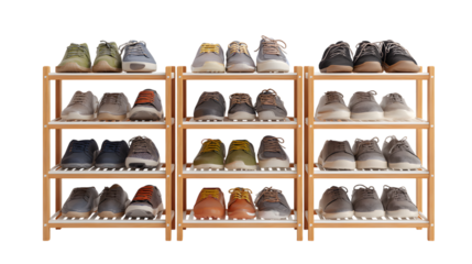 Organized shoe rack displays diverse collection of stylish sneakers and casual footwear for modern living isolated on white background