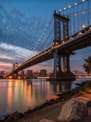 Majestic suspension bridge spans shimmering water under a dramatic evening sky