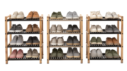 Organize your footwear with these stylish, modern shoe racks showcasing diverse sneaker collections isolated on white background