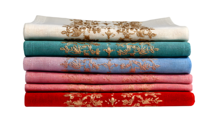 Elegant embroidered textiles stacked in vibrant colors, exuding luxury and artisanal craftsmanship isolated on white background