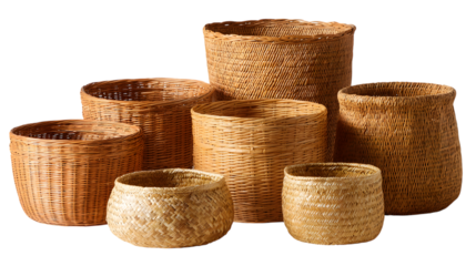 Discover natural storage solutions with this versatile collection of handcrafted wicker baskets isolated on white background