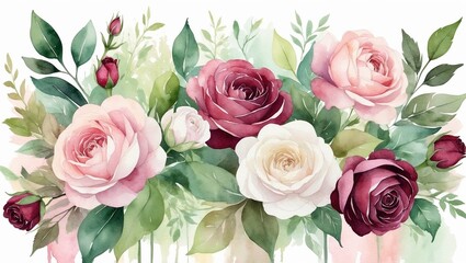 Naklejka premium Colorful watercolor roses arrangement with green leaves on white background 