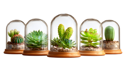 Vibrant green succulents and cacti thrive beautifully under protective glass domes on wooden stands isolated on white background