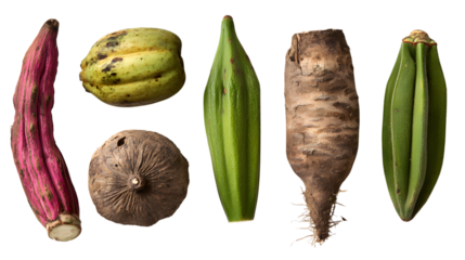 Vibrant collection of exotic fruits and vegetables showcasing natural textures and colors for culinary inspiration isolated on white background