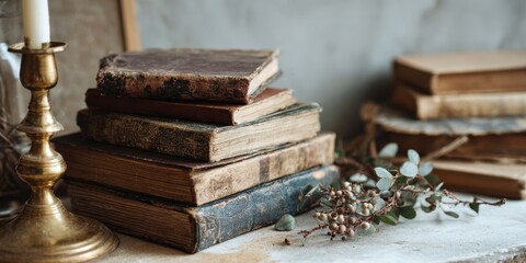 Vintage books on rustic table with brass candlestick and eucalyptus branches for cozy ambiance