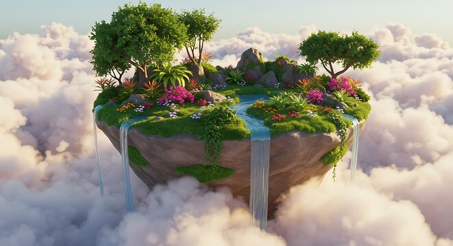 Floating Island Paradise in the Sky Lush Greenery with Waterfalls Amidst Billowing Clouds Dreamy Escape and Tranquil Nature Scene - Powered by Adobe
