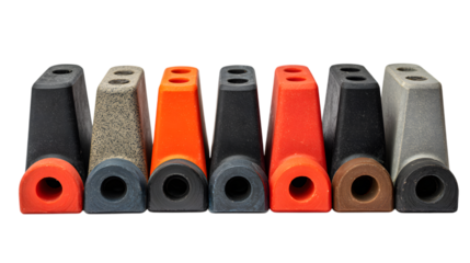 Vibrant assortment of industrial suspension bushings in various colors and textures for automotive repair isolated on white background