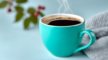 Vibrant turquoise coffee cup filled with steaming black coffee, placed on a soft gray knitted fabric, with green leaves and berries softly blurred in the background, creating a cozy atmosphere