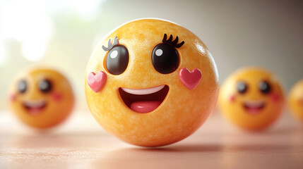 Cute emoji with hearts, smiling, blurred background, social media use