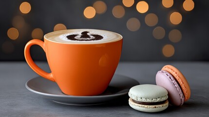 Vibrant orange coffee cup filled with creamy latte art sits on a gray plate beside colorful macarons, creating a cozy atmosphere with soft bokeh lights in the background enhancing the visual appeal