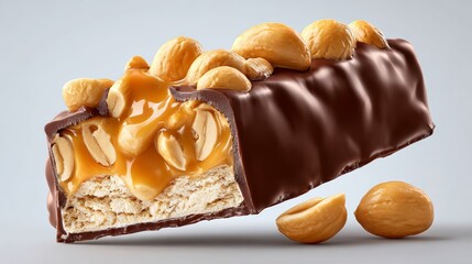 Chocolate-covered snack bar with caramel and peanuts, showcasing a cross-section revealing layers of crunchy wafer, creamy filling, and whole nuts, ideal for indulgent treat lovers and dessert enthusi