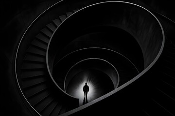 Obraz premium Mysterious Silhouette on Spiral Staircase in Black and White
