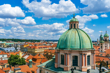 Prague from above — rooftops, spires, and streets of the old town preserving centuries of architectural heritage.Prague,Czech Republic