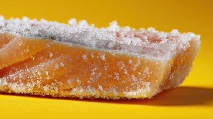 Close-up of frozen salmon fillet with ice crystals on yellow background