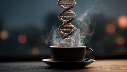 DNA molecule steaming over coffee