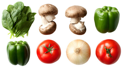 Vibrant fresh vegetables including spinach, mushrooms, bell peppers, tomatoes, and onion for healthy eating isolated on white background