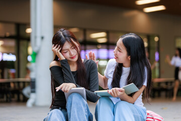 Asian students comforting her sad classmate holding her head after getting bad news about exam results