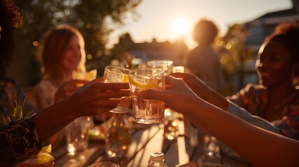 Friends toasting with drinks at sunset during summer gathering