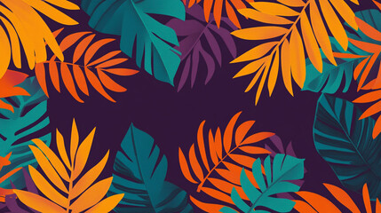 A vivid, artistic background with a dark purple center surrounded by stylized, colorful tropical leaves in shades of orange, teal, and magenta, with a textured finish.