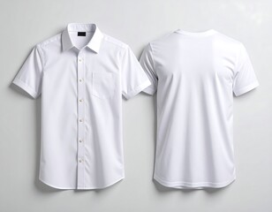 Two white short-sleeved shirts, one button-down, one tee, shown front and back, against a neutral backdrop