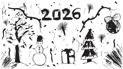 Fototapeta premium New Year 2026 greeting card drawn in ink on white background, New Year concept, poster with New Year's gifts, Christmas trees, snowman, serpentines, sparkles, confetti, holiday banner for decoration