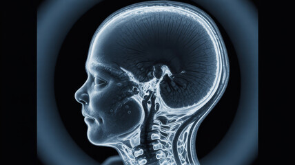 Radiographic profile of a child's head showcasing skull spine and auditory structures within a luminous halo.