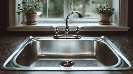 Stainless steel kitchen sink under a window with plants.