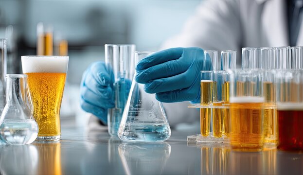 Scientist examining beer samples in a lab