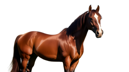 Beautiful horse standing on a farm landscape, steady and proud presence  on a transparent background