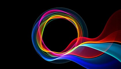Abstract colorful wavy lines forming a round shape on black background, representing technology, science, music, graphic, abstract