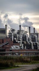 Obraz premium Industrial landscape featuring complex structures and emissions against a cloudy sky backdrop