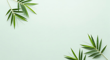 Naklejka premium Serene Bamboo Leaves in Corner Display on Light Green Background - Peaceful Nature Scene