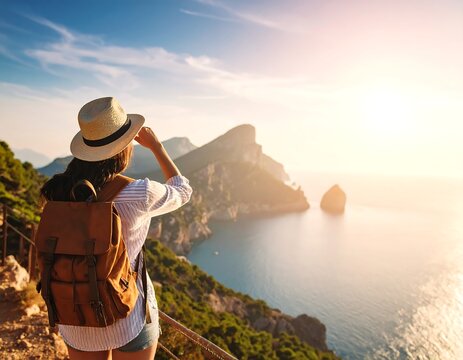 Woman hiker overlooks scenic coastal view at sunset