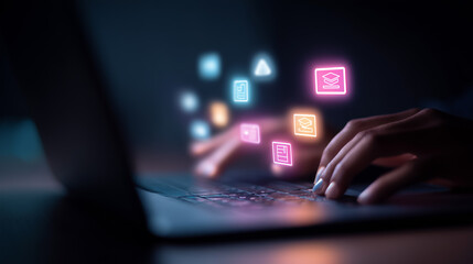 Businessman using a computer to document management concept, online documentation database and digital file storage system/software, records keeping, database technology, file access, doc sharing.