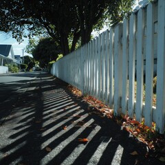 White picket fence shadows on a street