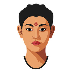 Young woman with bindi looking forward with neutral expression against white backdrop representing cultural identity and serene beauty.