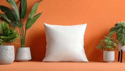 Blank white pillow surrounded by potted plants on an orange backdrop