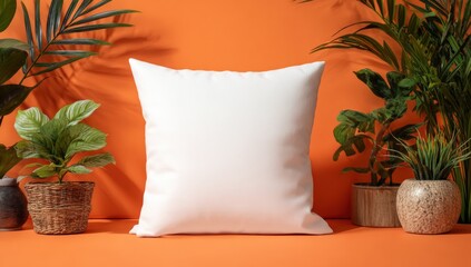 Blank white pillow surrounded by plants on an orange backdrop