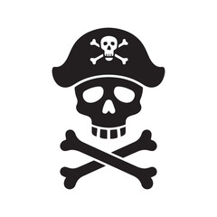  A black silhouette of a realistic pirate skull and crossbones emblem. 