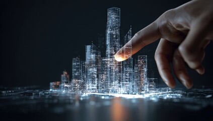 A hand touches a digital city model