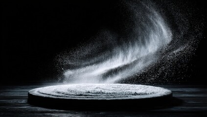 Flour powder swirling on dark wood
